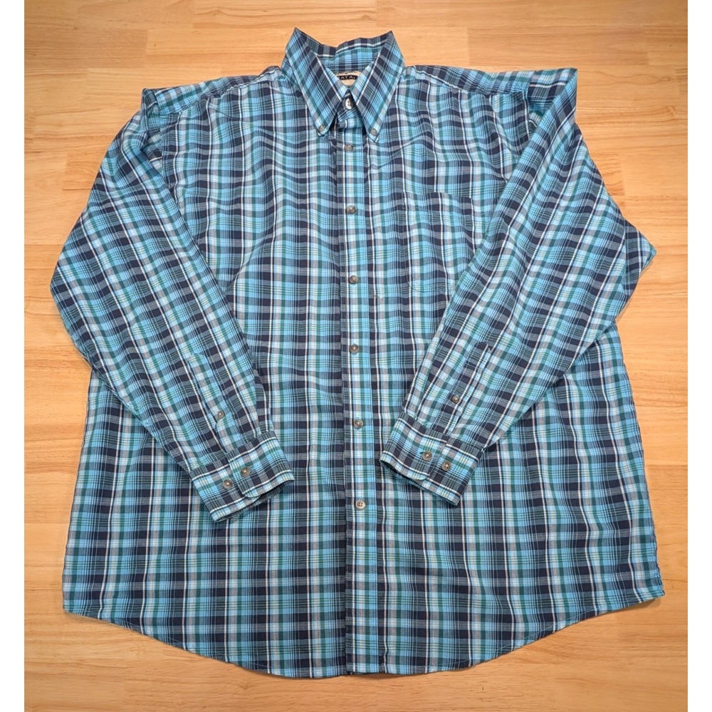 Wrangler Riata Mens XXL Blue Green Plaid‎ Long Sleeve Button Down Shirt MR2077A